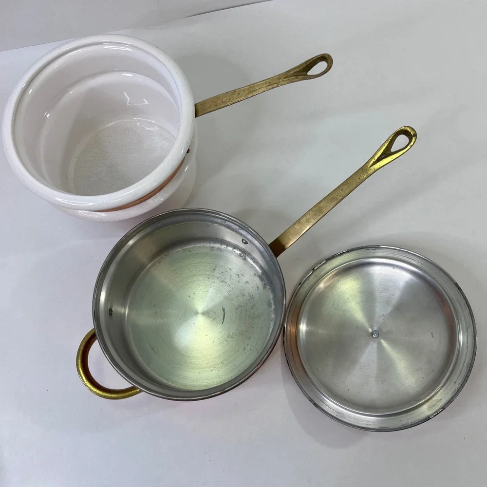 Vintage Copper Clad Double Boiler Porcelain Insert Brass Handles Outeiro 889